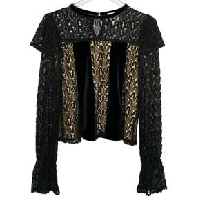 Foxiedox M Womens Black Lace Blouse Ruffle Long Sleeve Whimsygoth Feminine